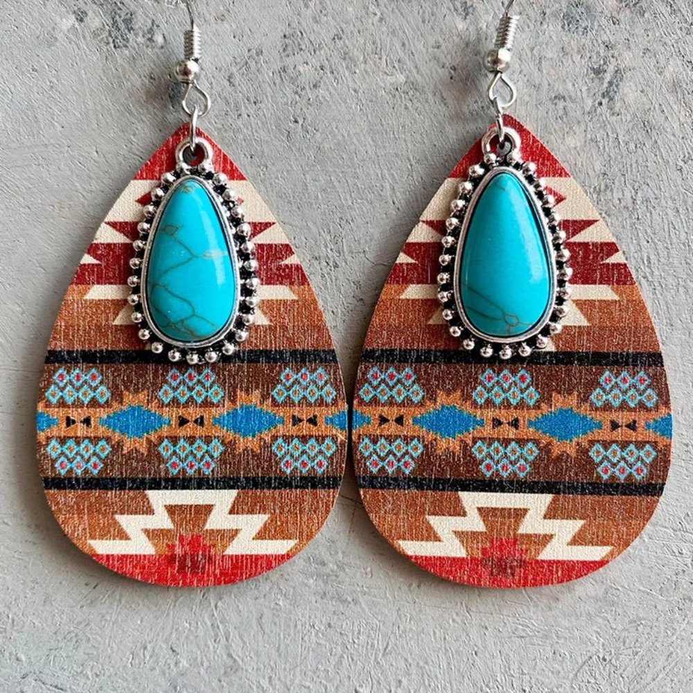 Boho Southwestern Turquoise & Tribal Aztec Wood Teardrop Dangle Earrings NEW - Picture 9 of 9